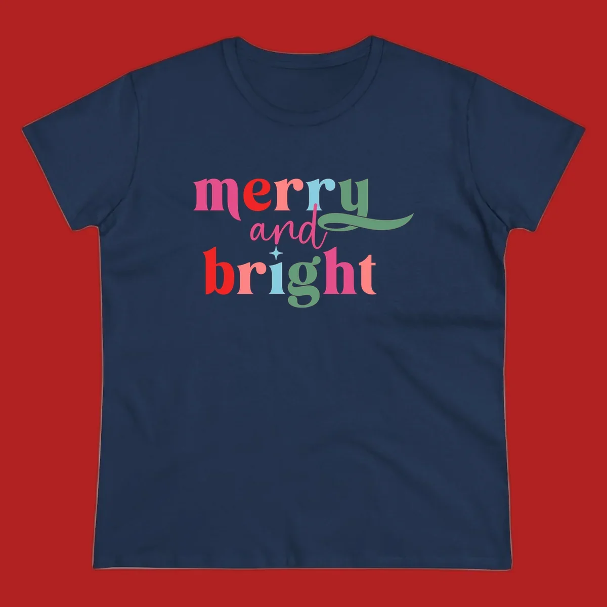 Merry and bright christmas typography with colorful letters.
