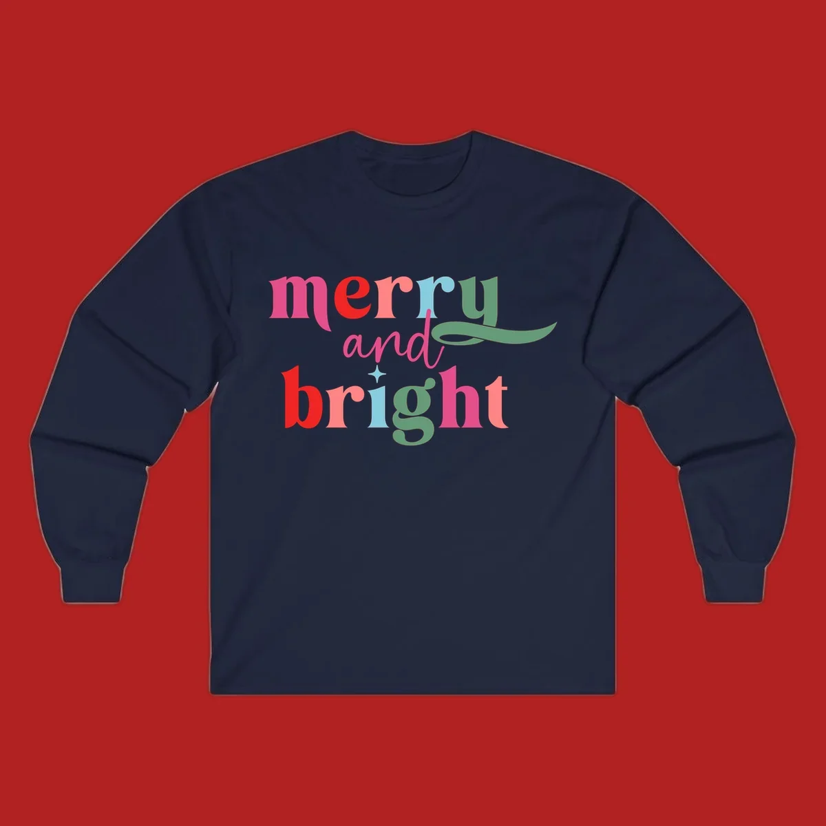 Merry and bright christmas typography with colorful letters.