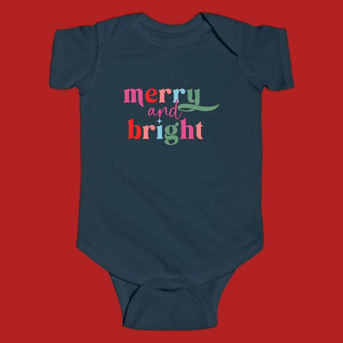Merry and bright christmas typography with colorful letters.