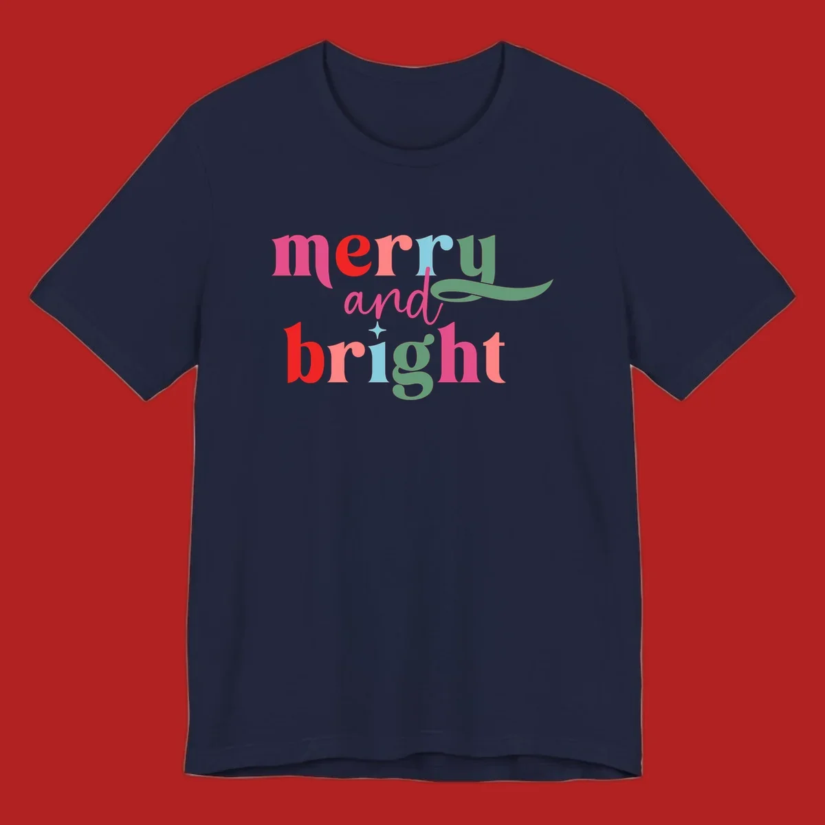 Merry and bright christmas typography with colorful letters.