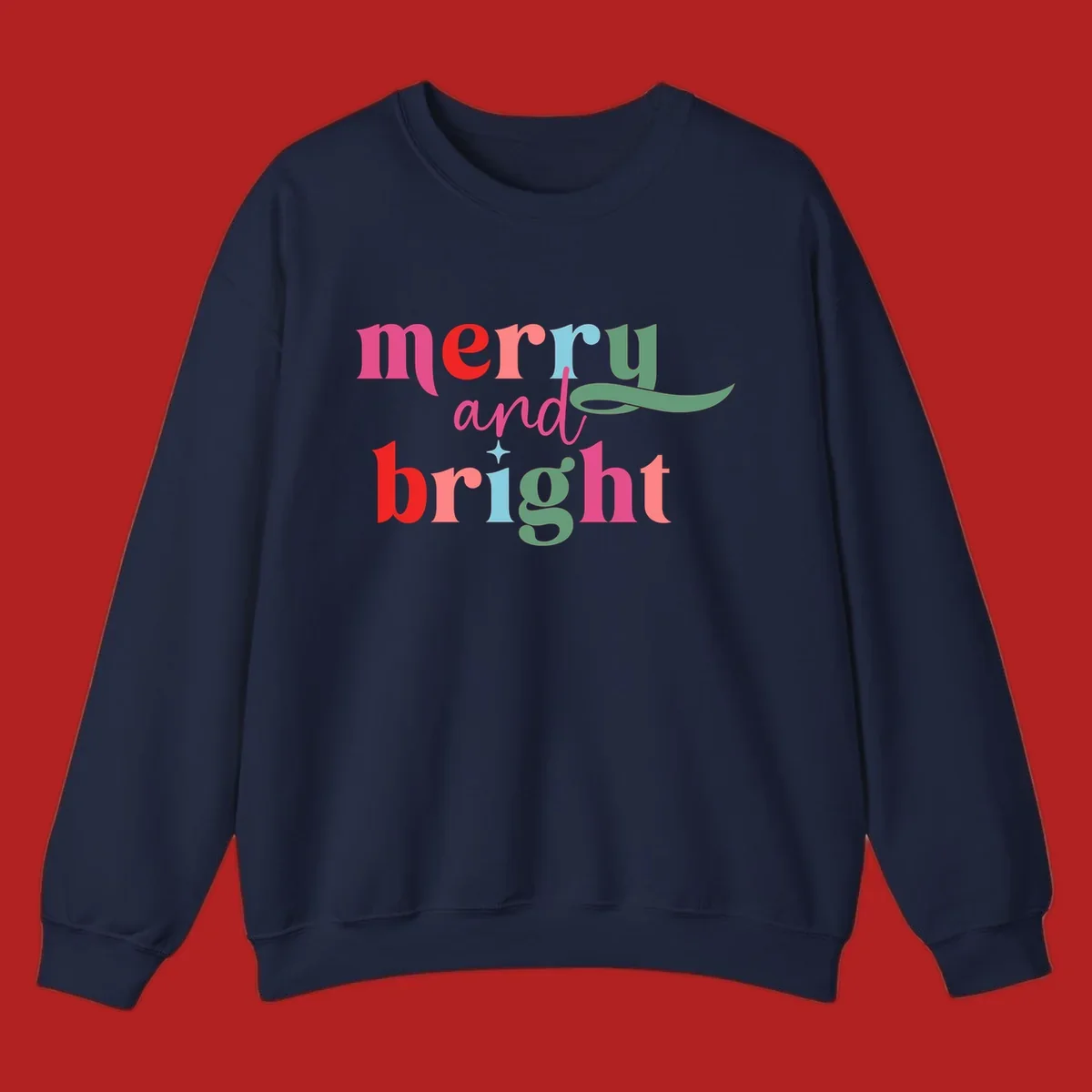 Merry and bright christmas typography with colorful letters.