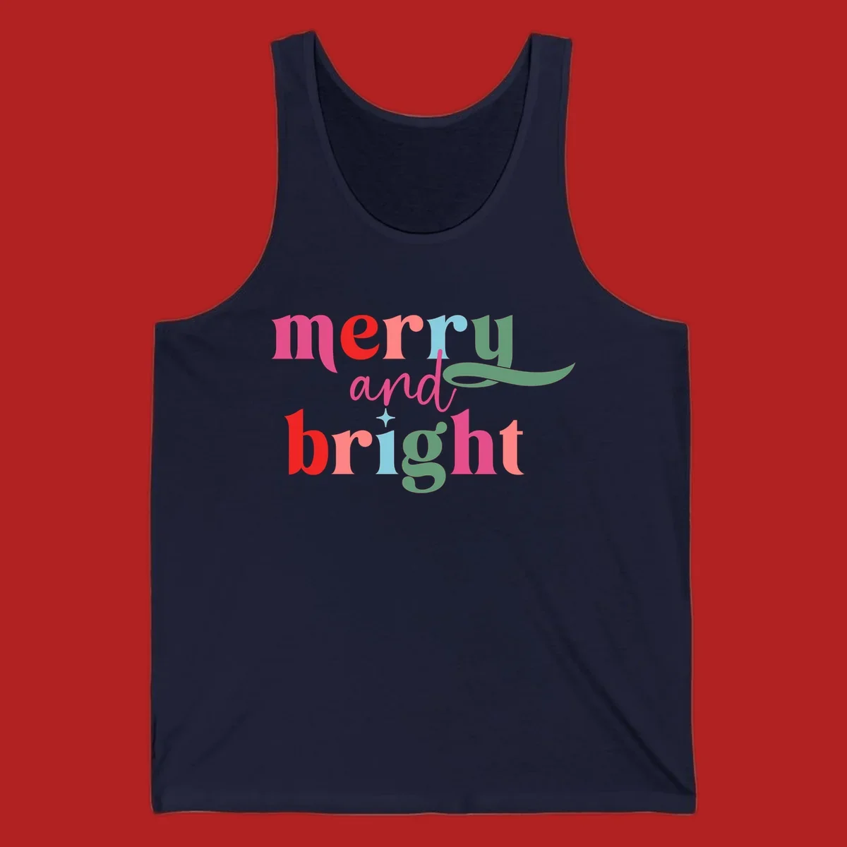 Merry and bright christmas typography with colorful letters.