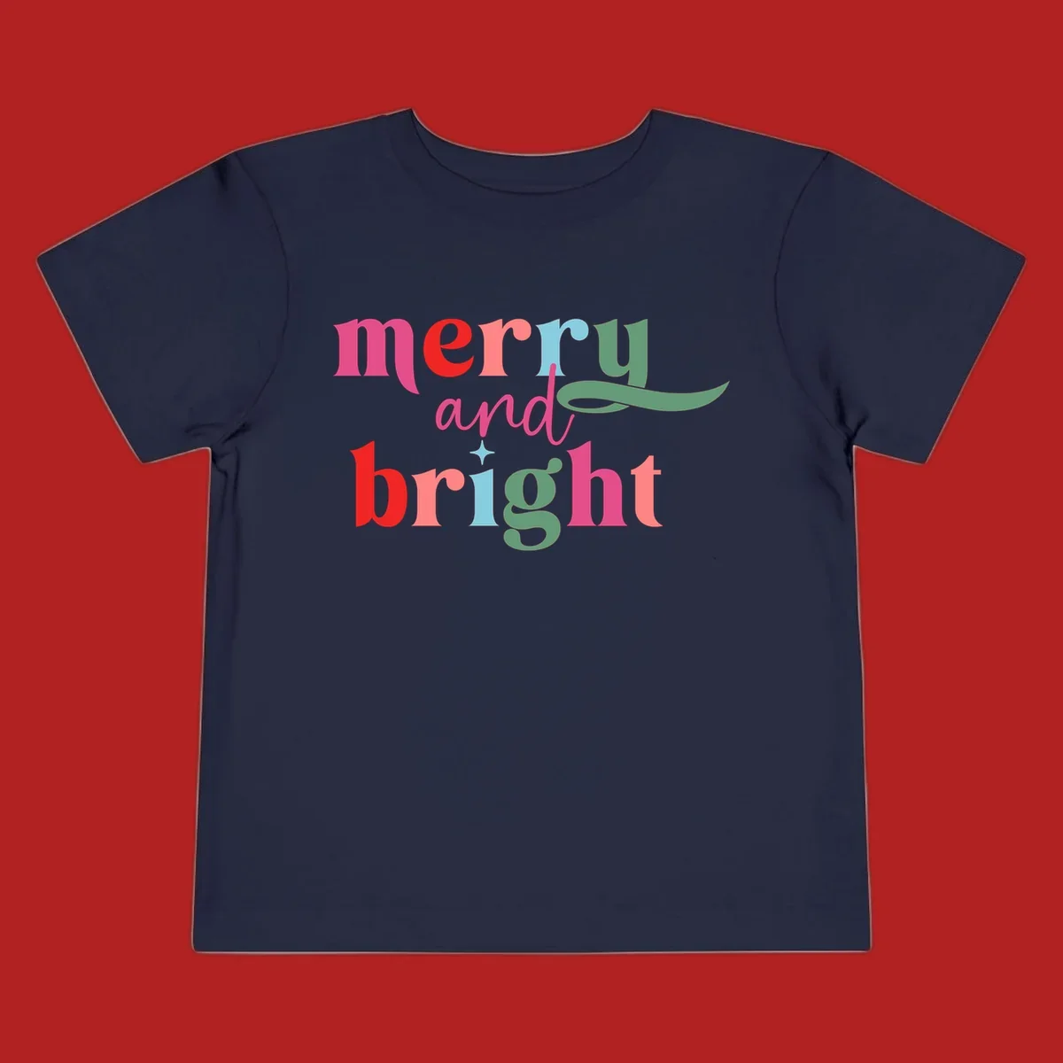 Merry and bright christmas typography with colorful letters.