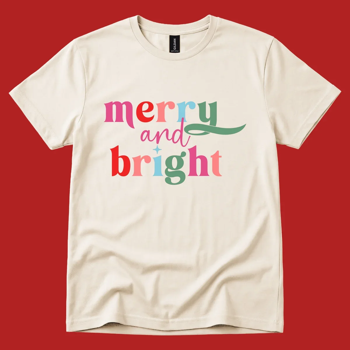 Merry and bright christmas typography with colorful letters.
