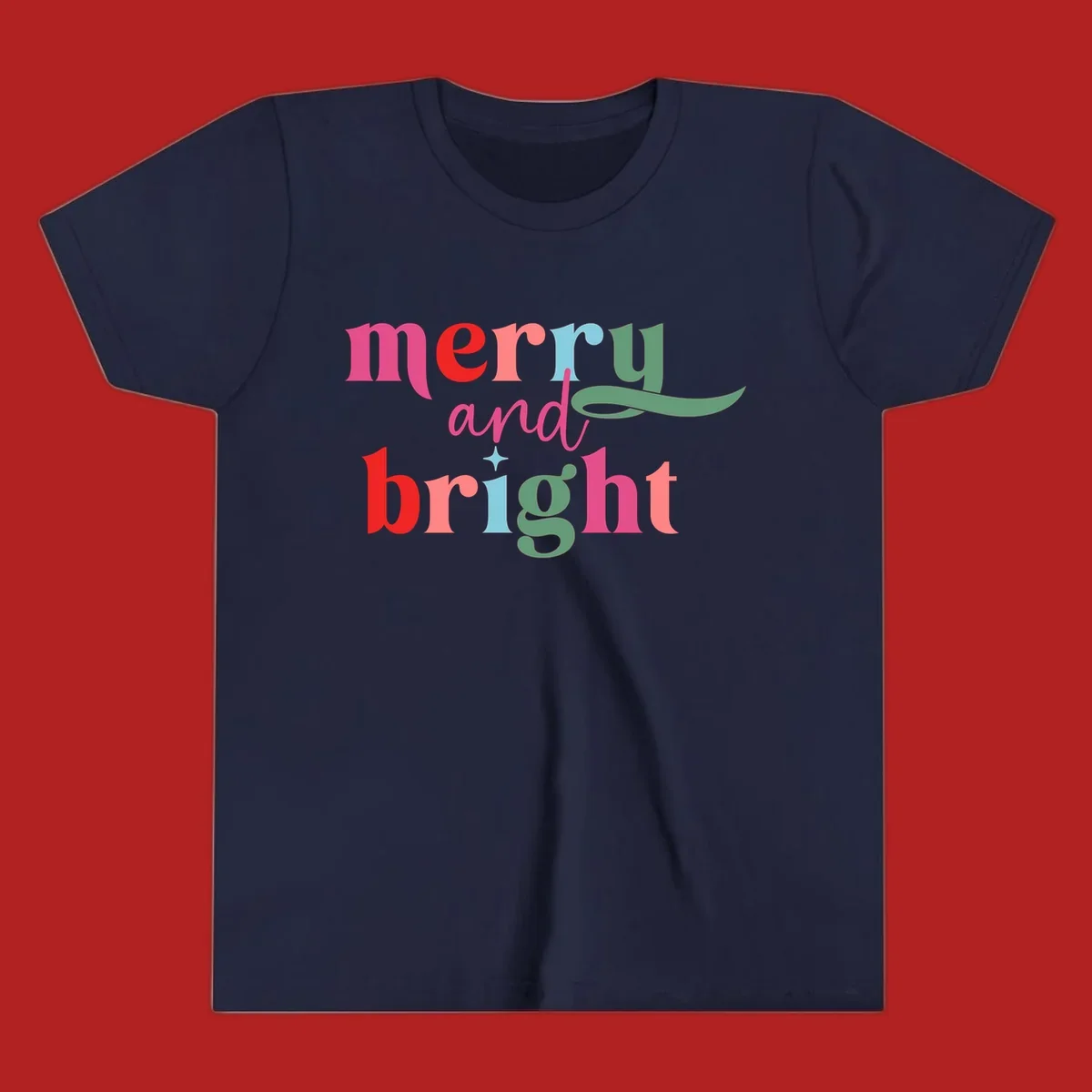 Merry and bright christmas typography with colorful letters.