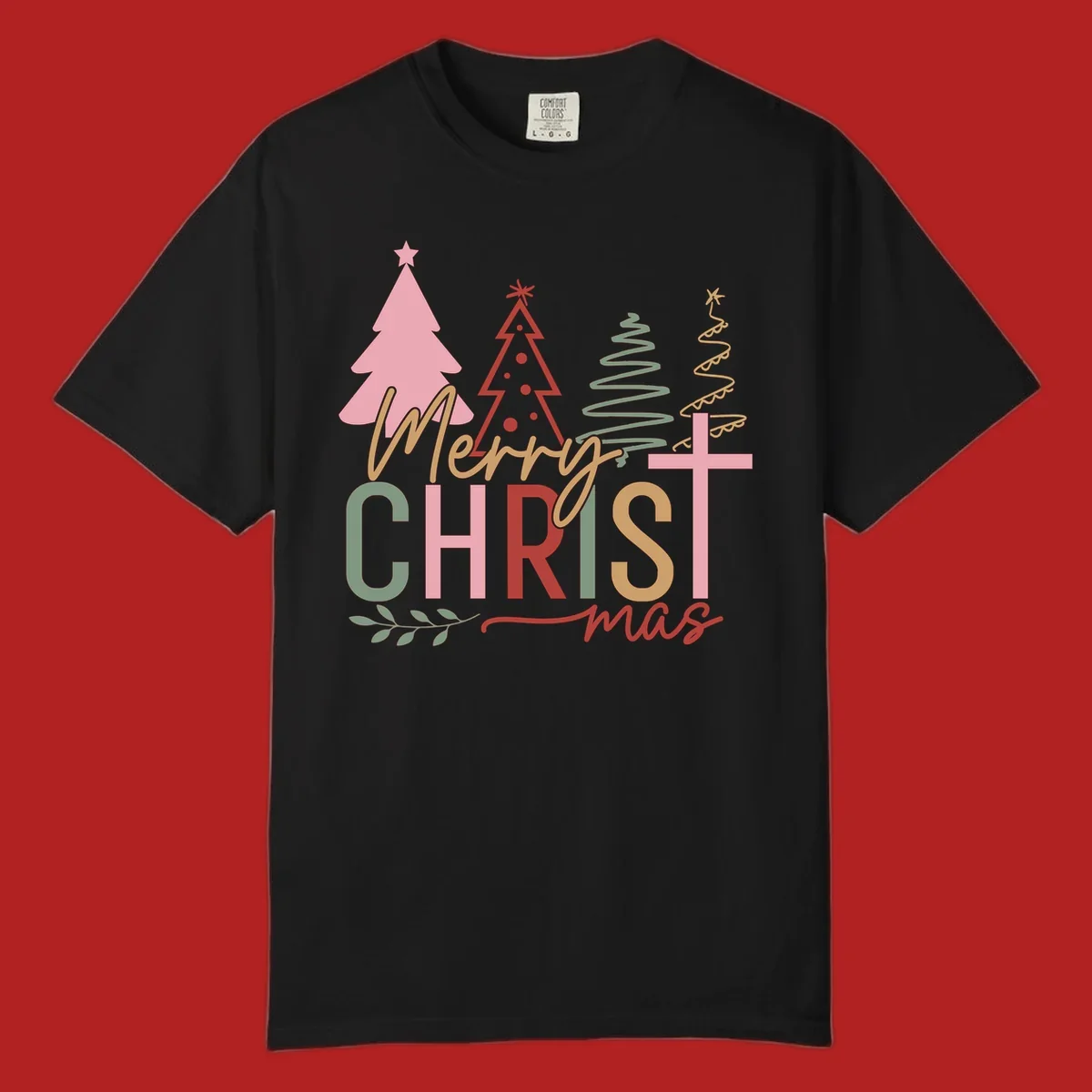 Merry Christmas text with stylized trees and a cross design.