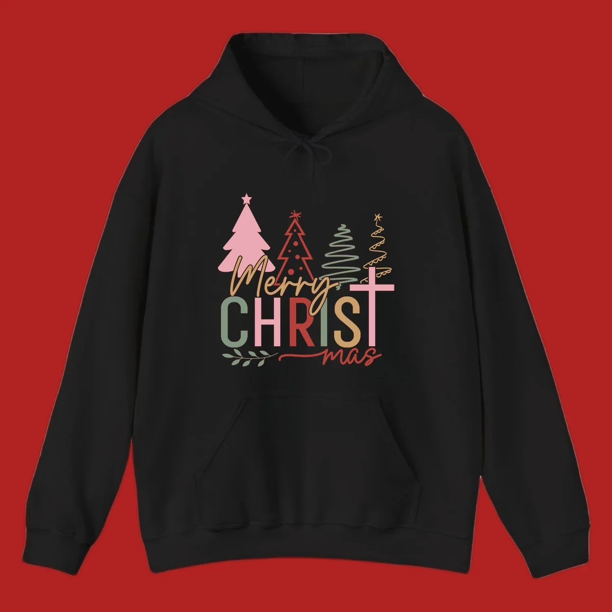 Merry Christmas text with stylized trees and a cross design.