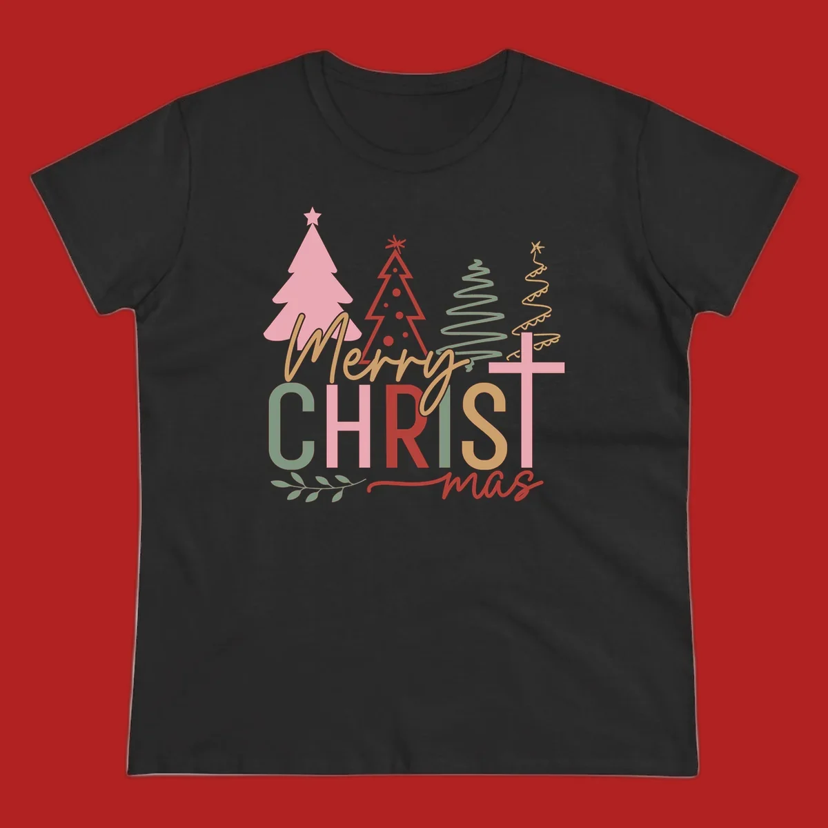 Merry Christmas text with stylized trees and a cross design.