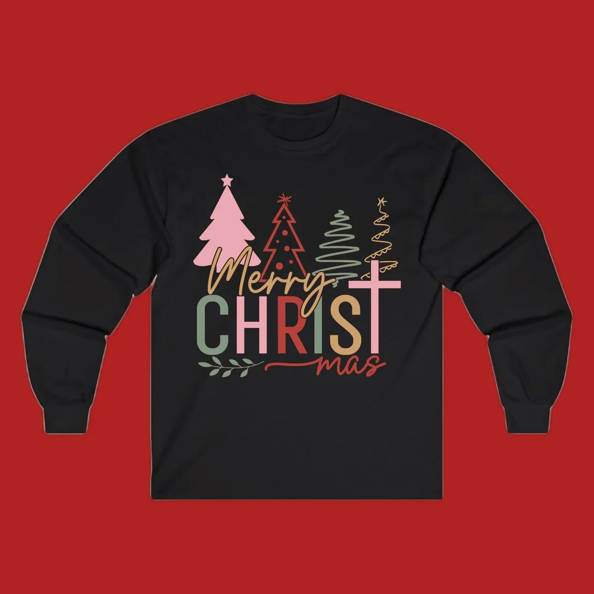 Merry Christmas text with stylized trees and a cross design.