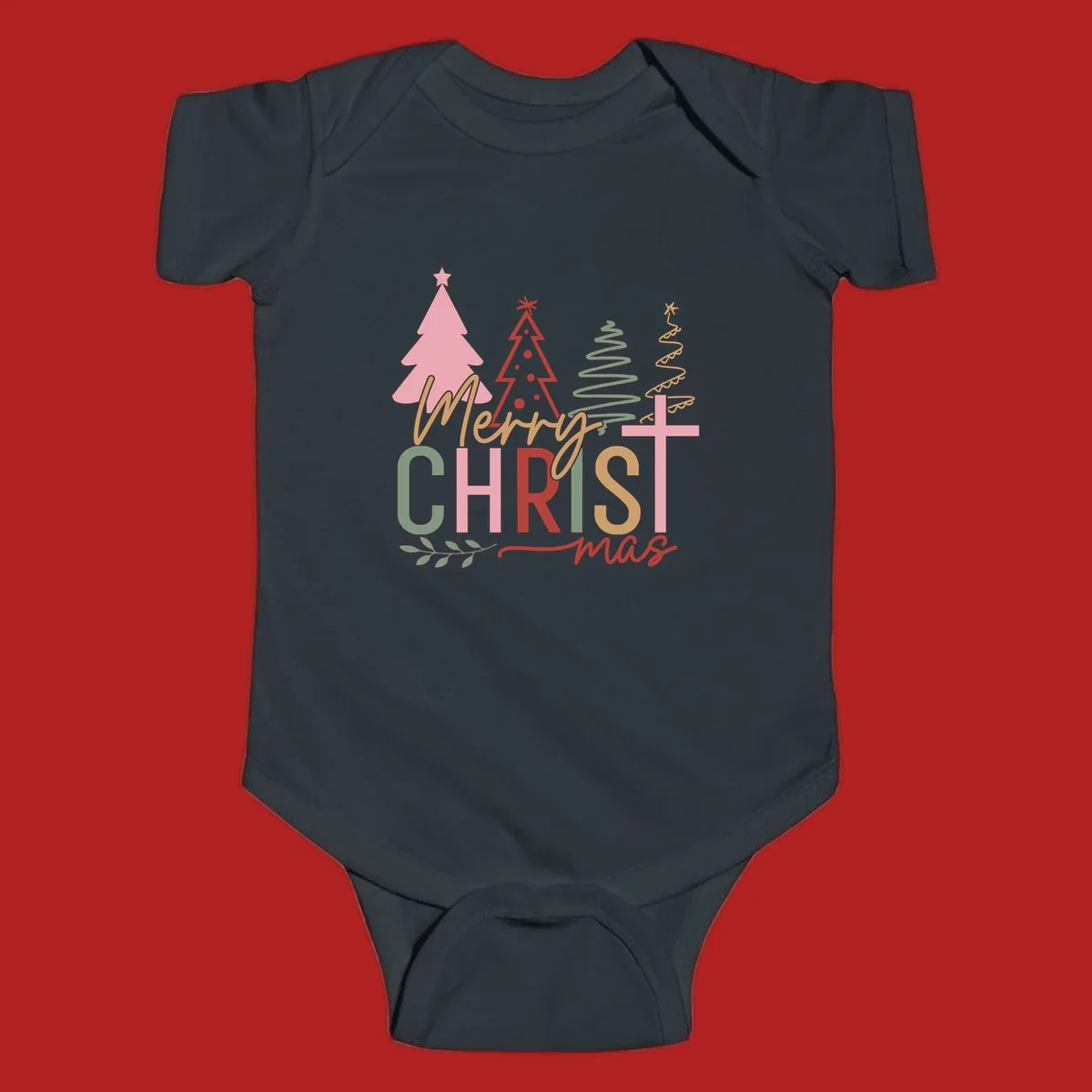 Merry Christmas text with stylized trees and a cross design.