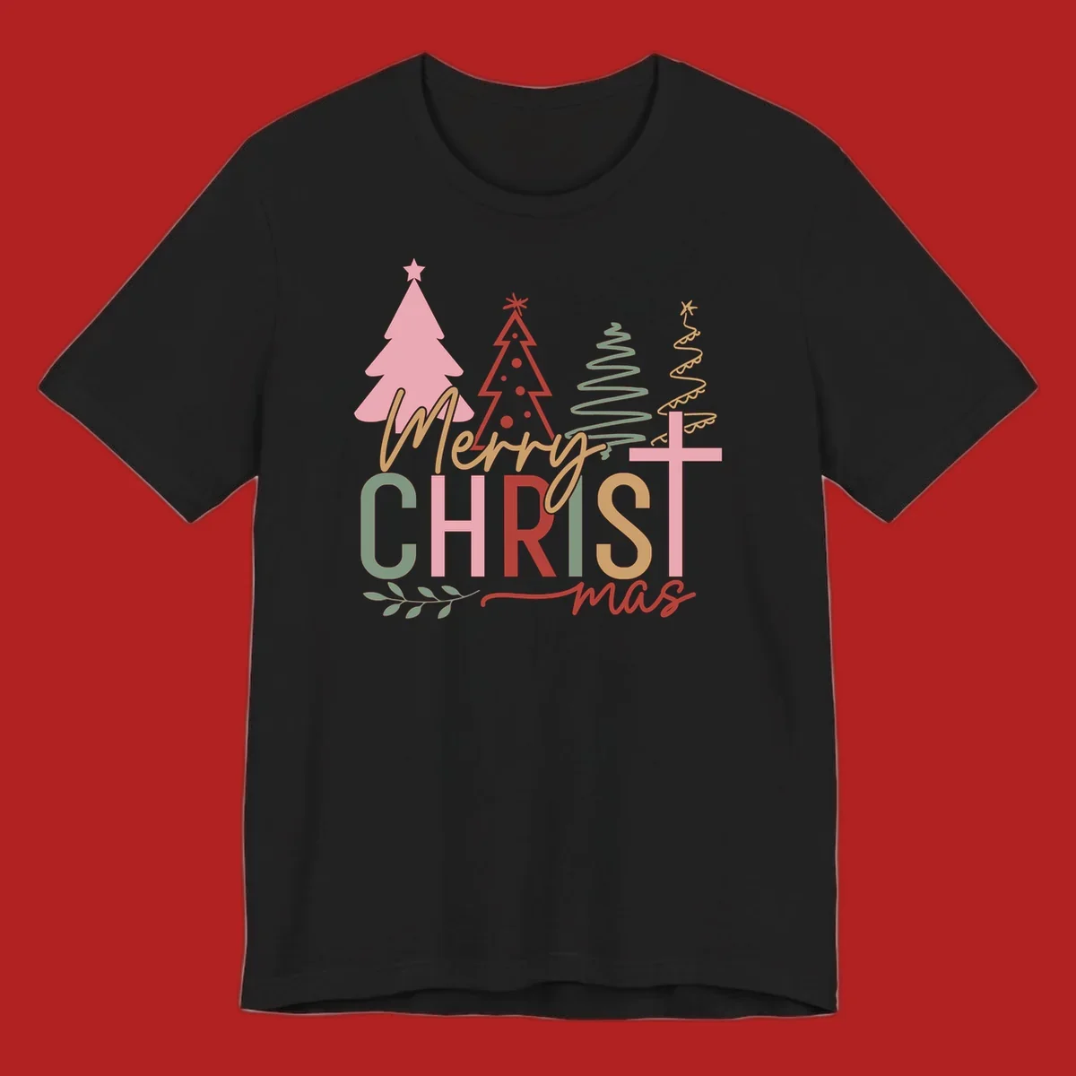 Merry Christmas text with stylized trees and a cross design.