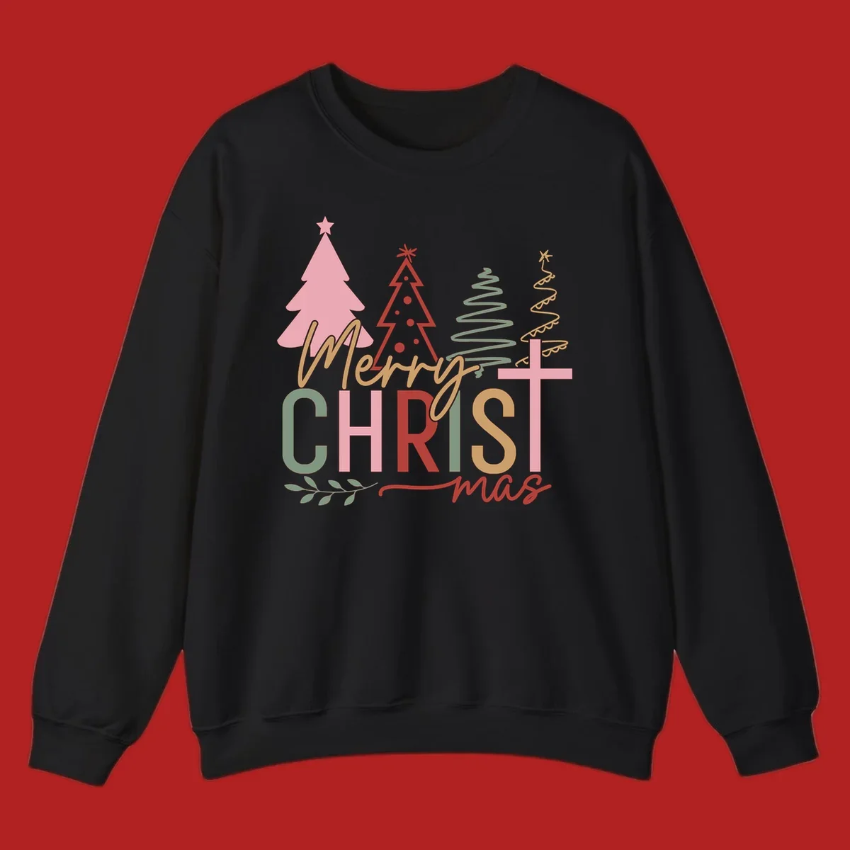 Merry Christmas text with stylized trees and a cross design.