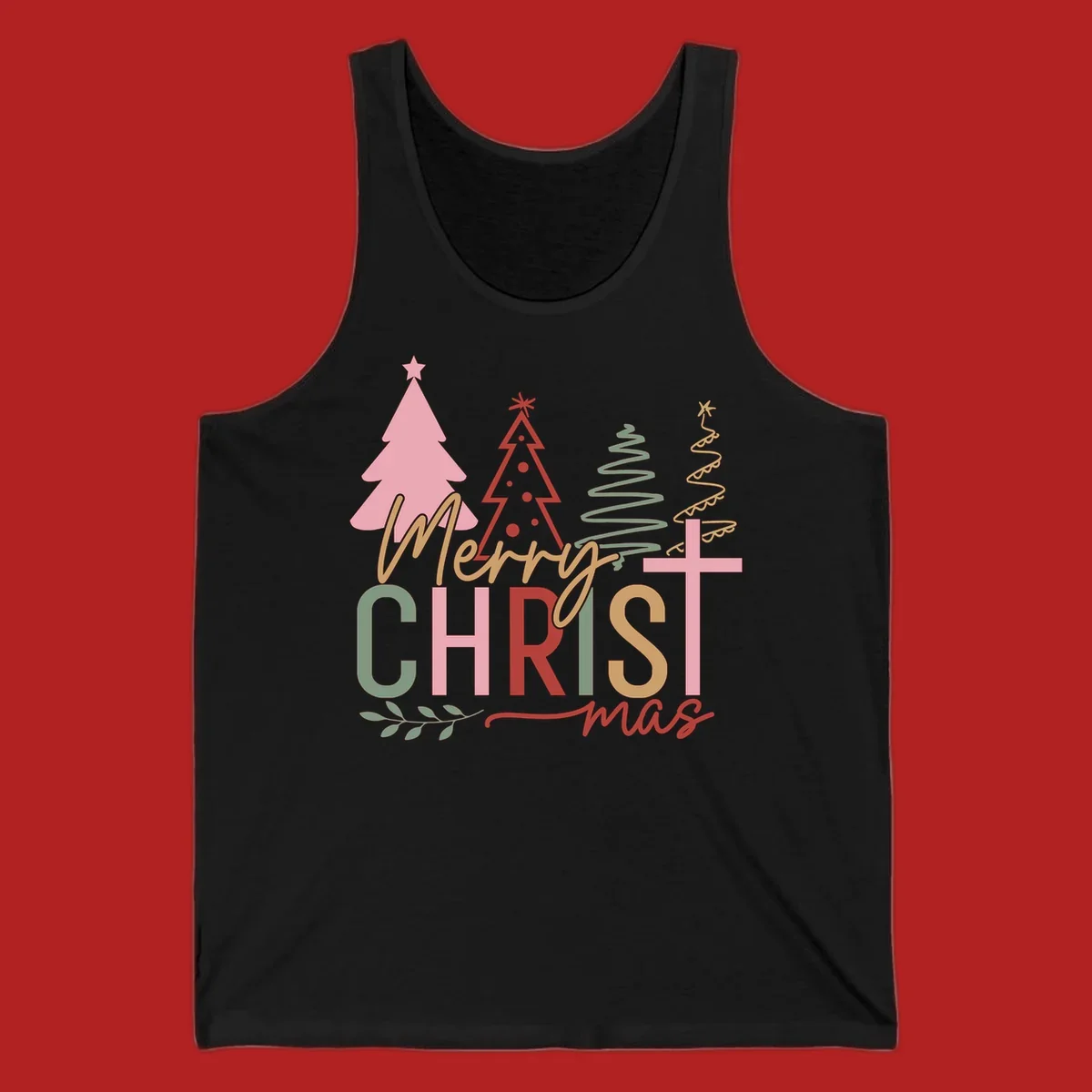 Merry Christmas text with stylized trees and a cross design.