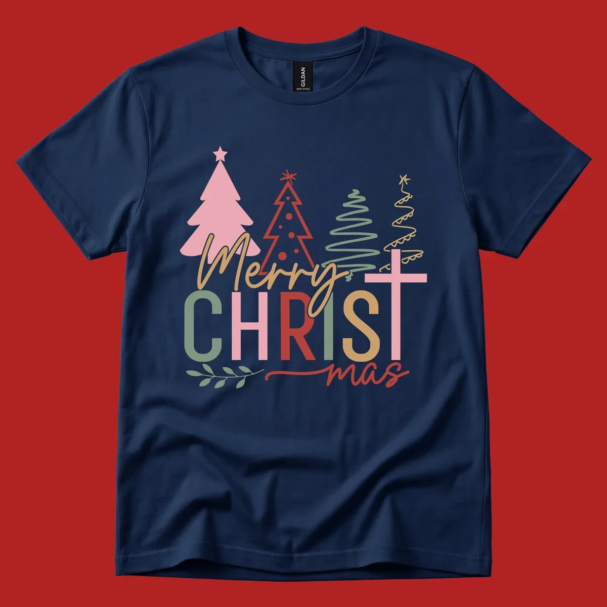 Merry Christmas text with stylized trees and a cross design.