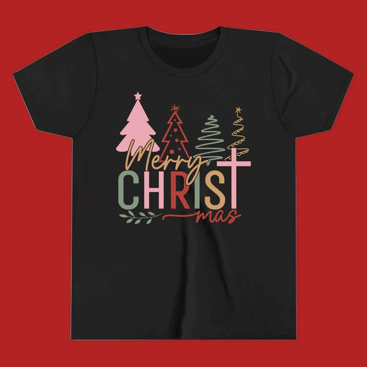 Merry Christmas text with stylized trees and a cross design.