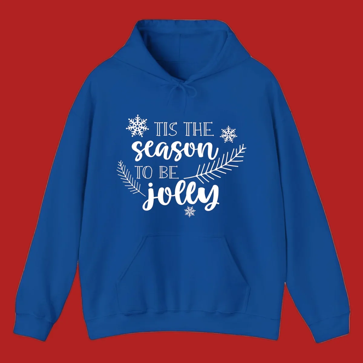 Tis the season to be jolly Christmas design with snowflakes and pine branches.