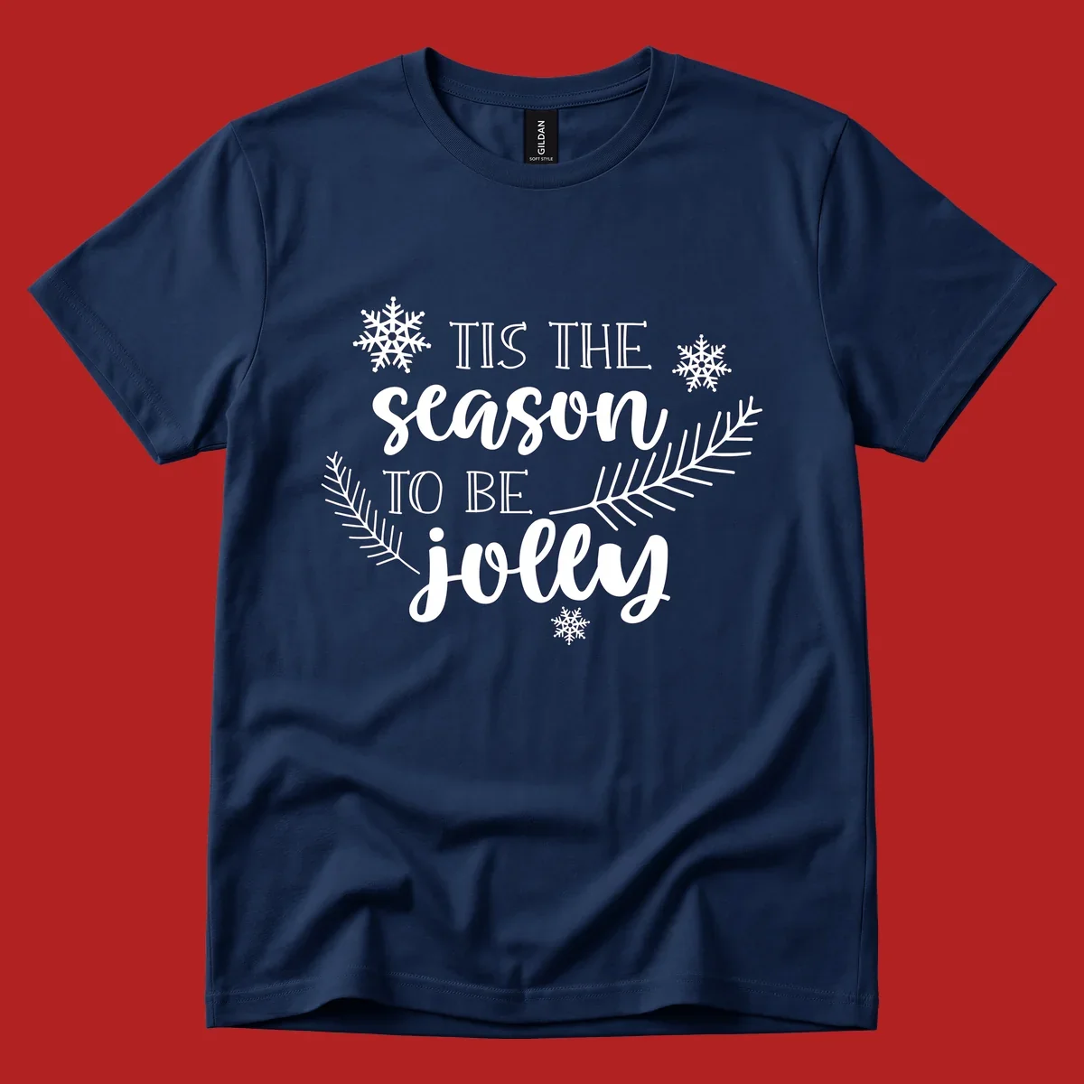 Tis the season to be jolly Christmas design with snowflakes and pine branches.