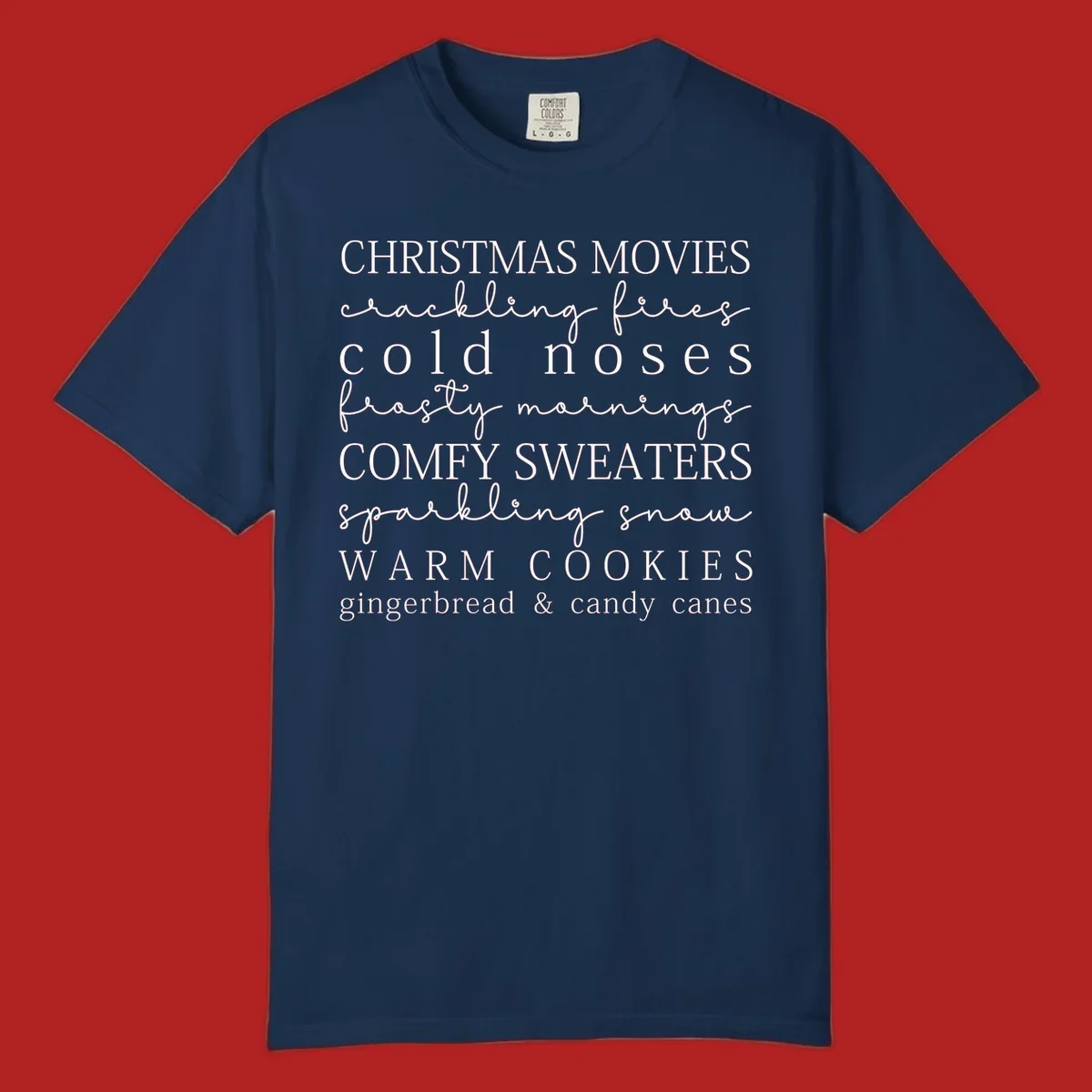 Christmas cozy vibes word art with phrases like "Christmas Movies" and "Warm Cookies".