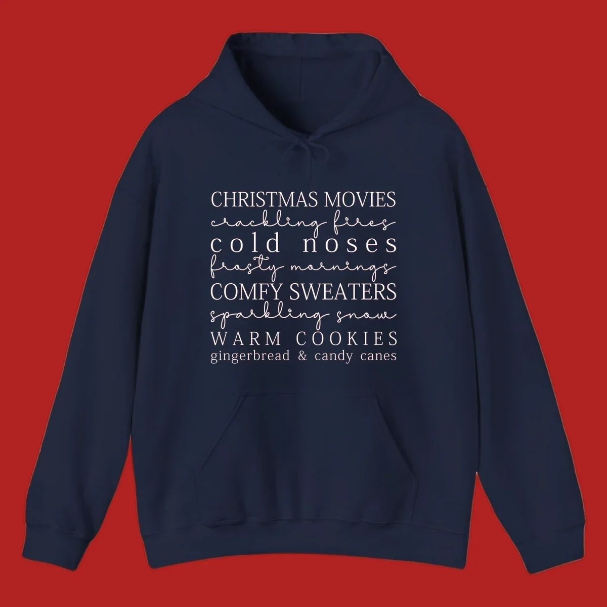 Christmas cozy vibes word art with phrases like "Christmas Movies" and "Warm Cookies".