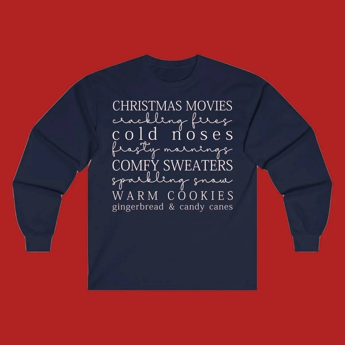 Christmas cozy vibes word art with phrases like "Christmas Movies" and "Warm Cookies".