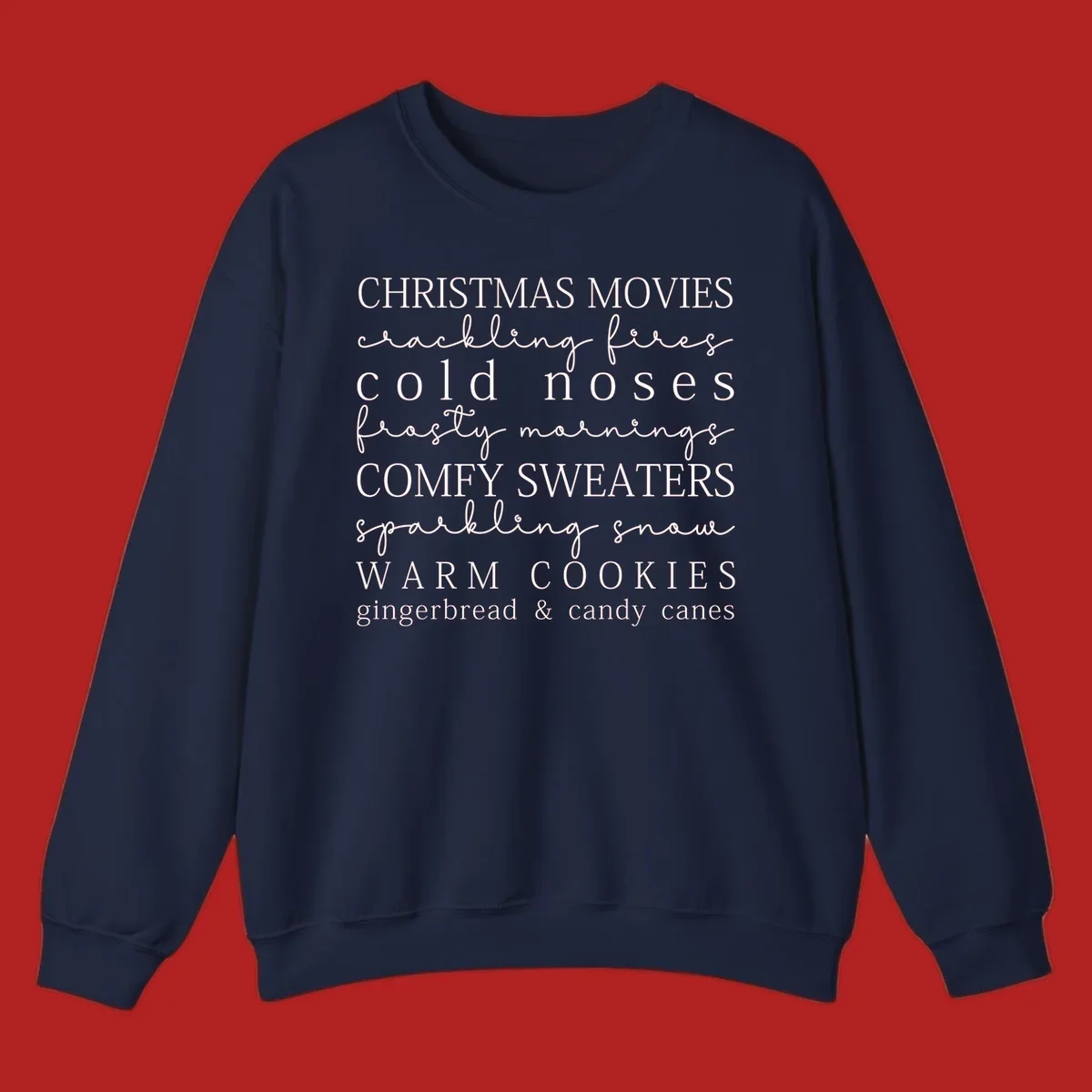 Christmas cozy vibes word art with phrases like "Christmas Movies" and "Warm Cookies".