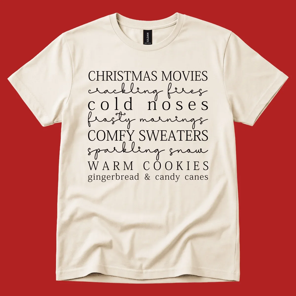 Christmas cozy vibes word art with phrases like "Christmas Movies" and "Warm Cookies".