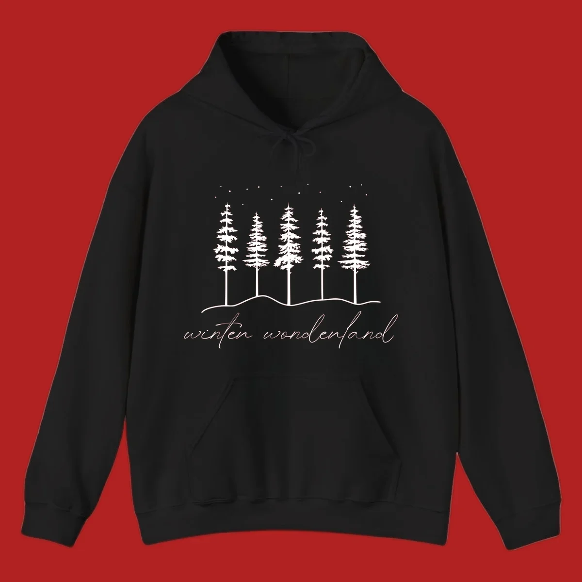 Winter wonderland forest scene with pine trees and stars, text 'winter wonderland'.