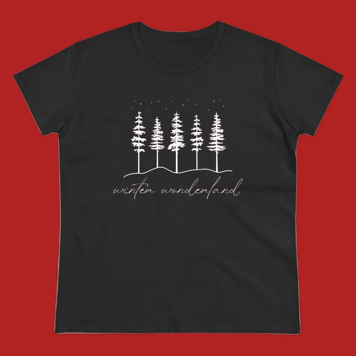 Winter wonderland forest scene with pine trees and stars, text 'winter wonderland'.