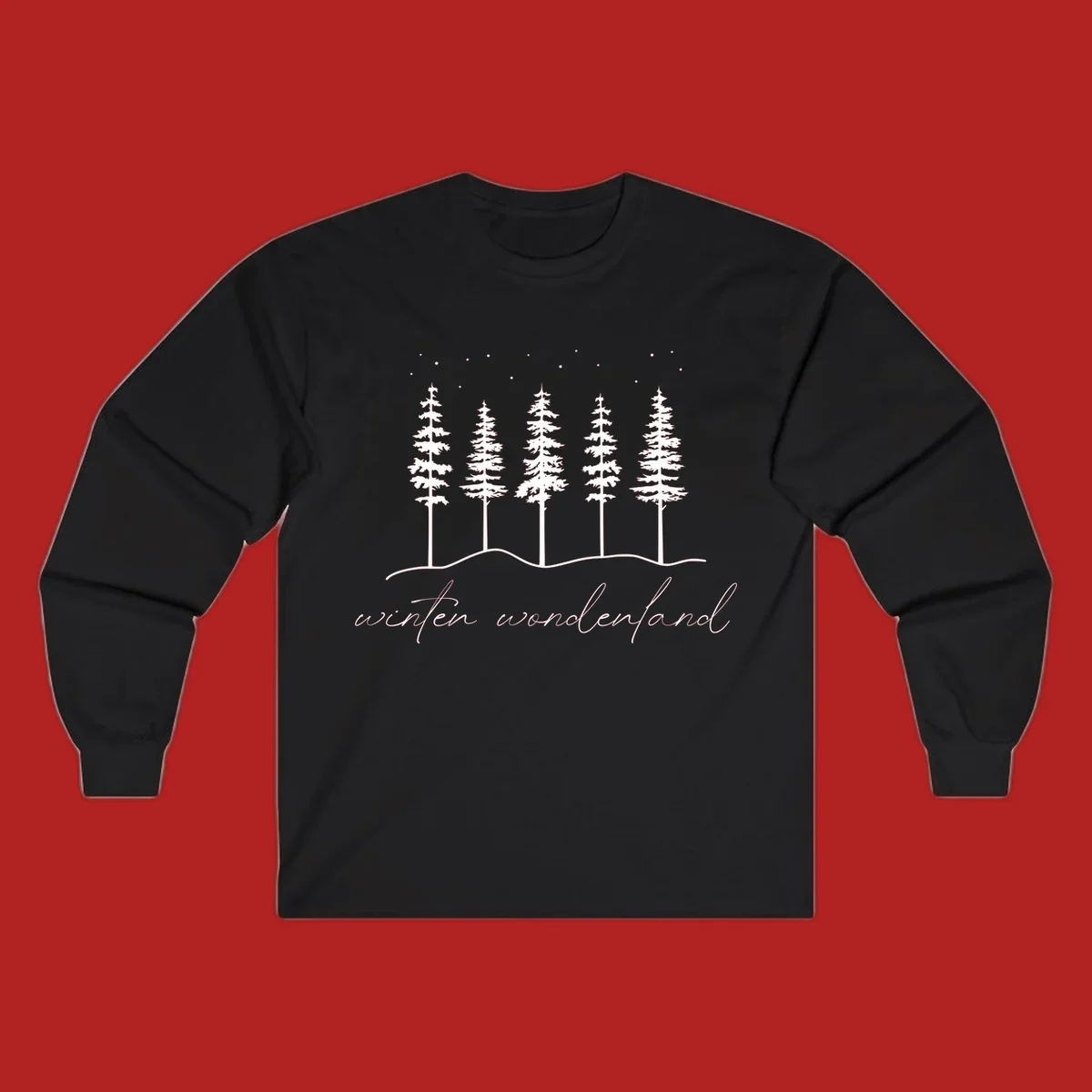 Winter wonderland forest scene with pine trees and stars, text 'winter wonderland'.