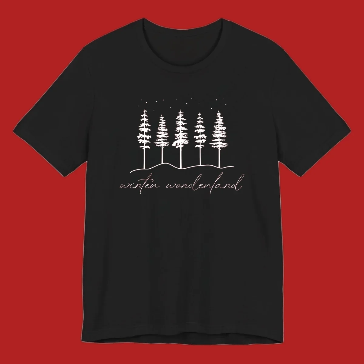 Winter wonderland forest scene with pine trees and stars, text 'winter wonderland'.