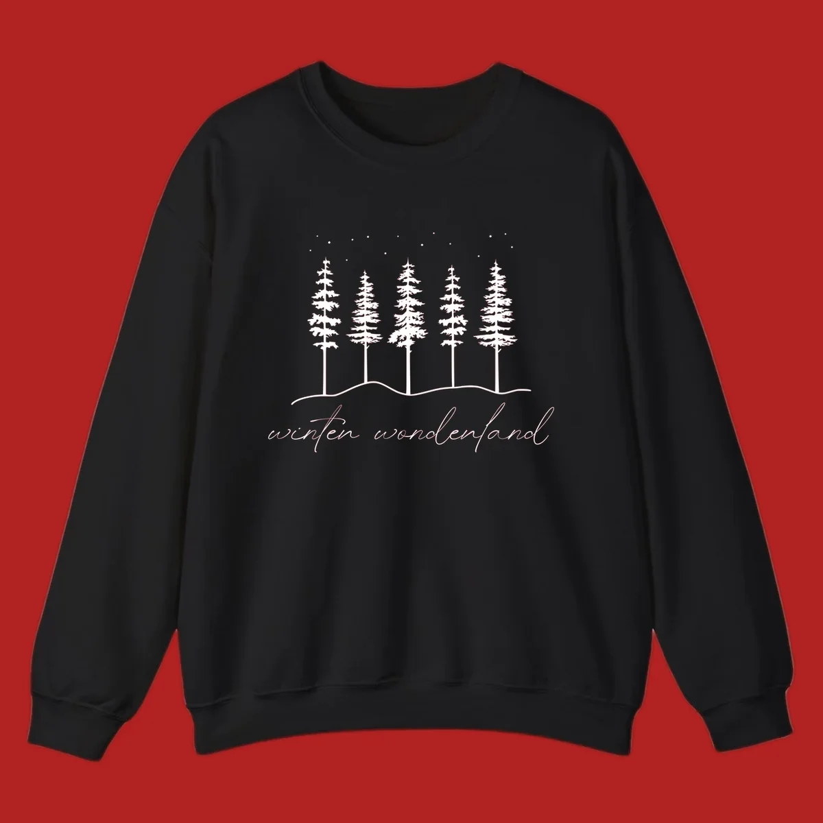 Winter wonderland forest scene with pine trees and stars, text 'winter wonderland'.