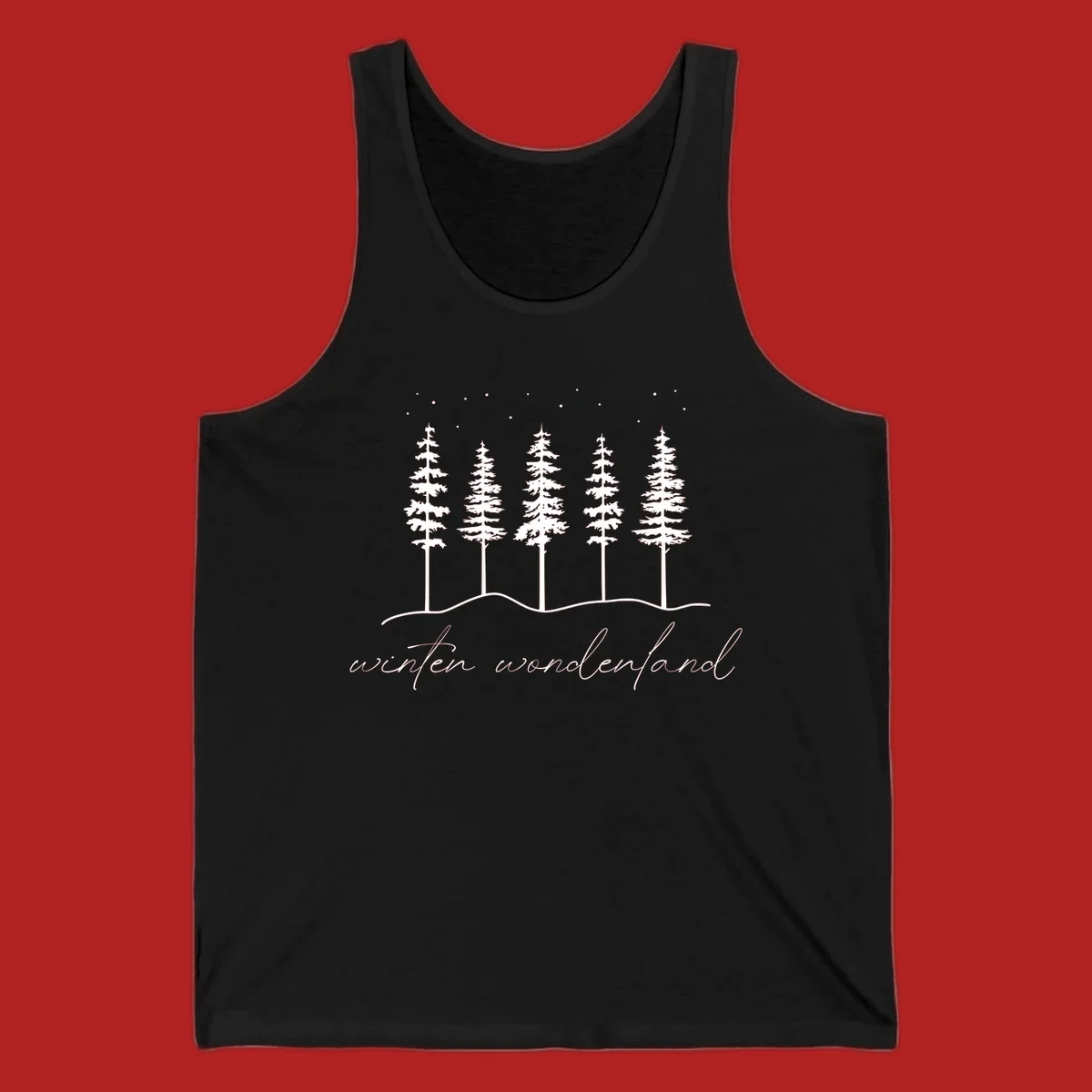 Winter wonderland forest scene with pine trees and stars, text 'winter wonderland'.