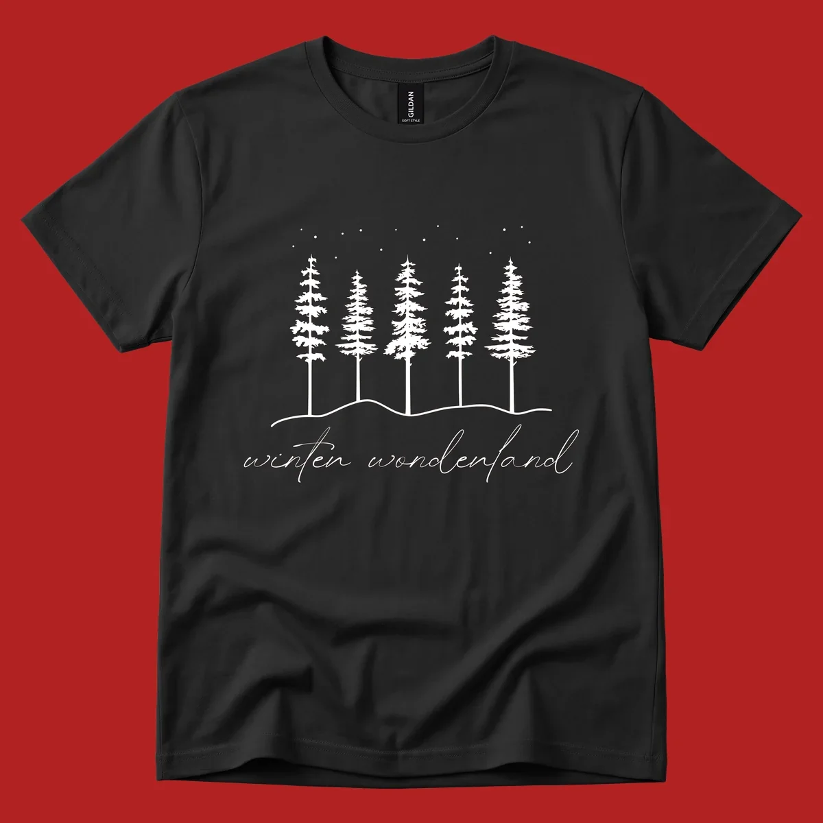 Winter wonderland forest scene with pine trees and stars, text 'winter wonderland'.