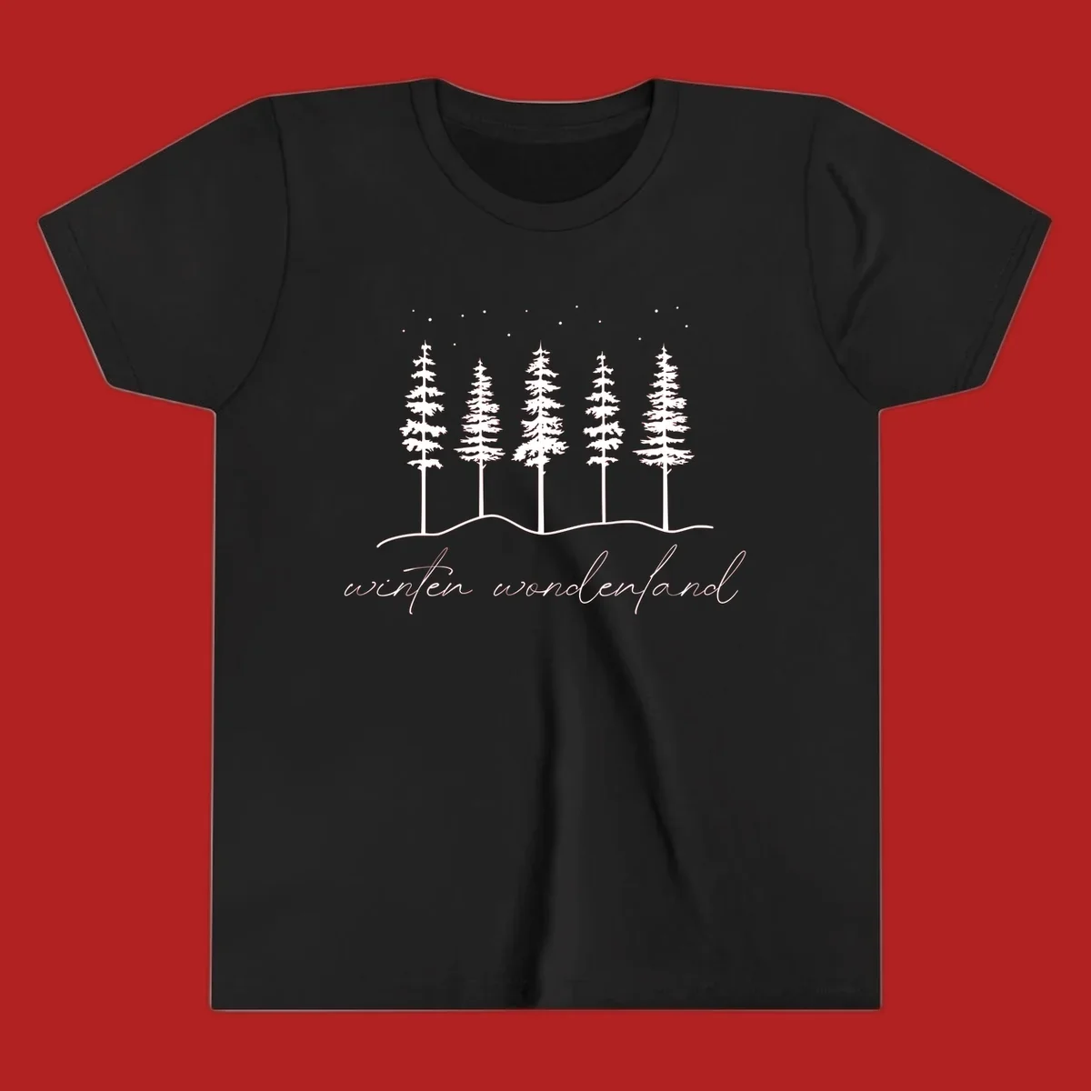 Winter wonderland forest scene with pine trees and stars, text 'winter wonderland'.