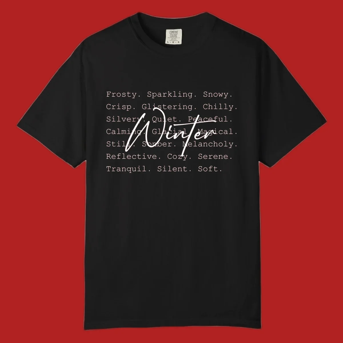 Winter words design with 'Winter' in script, surrounded by descriptive winter words.