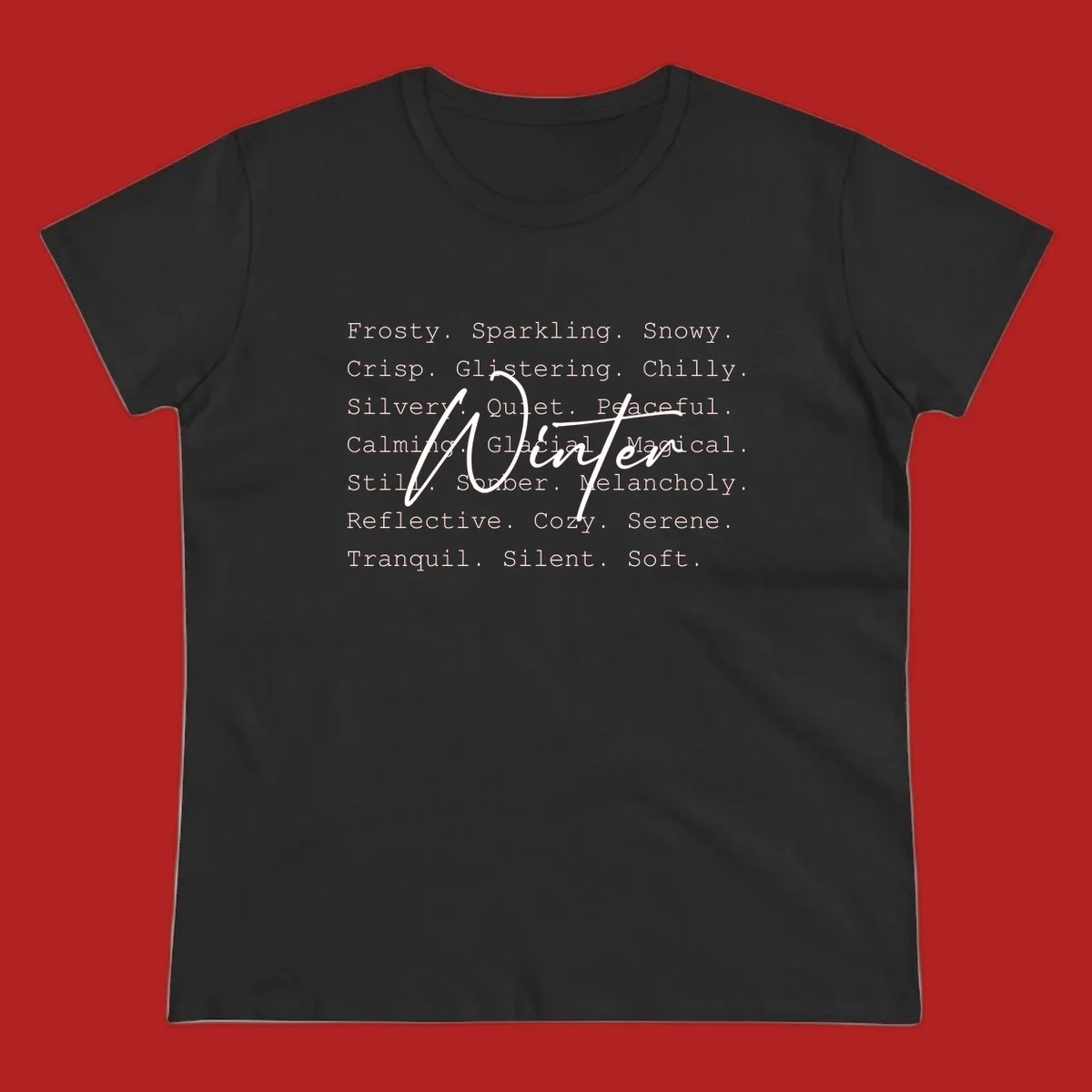Winter words design with 'Winter' in script, surrounded by descriptive winter words.