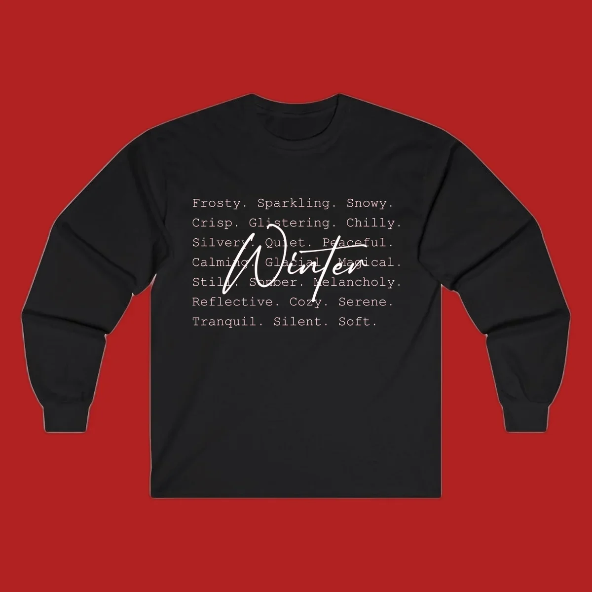 Winter words design with 'Winter' in script, surrounded by descriptive winter words.