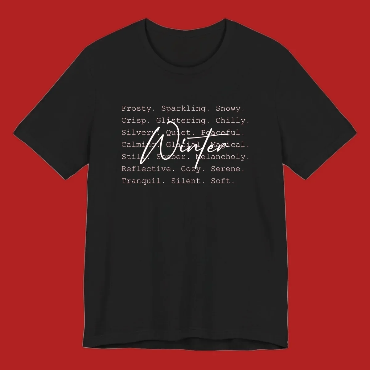Winter words design with 'Winter' in script, surrounded by descriptive winter words.
