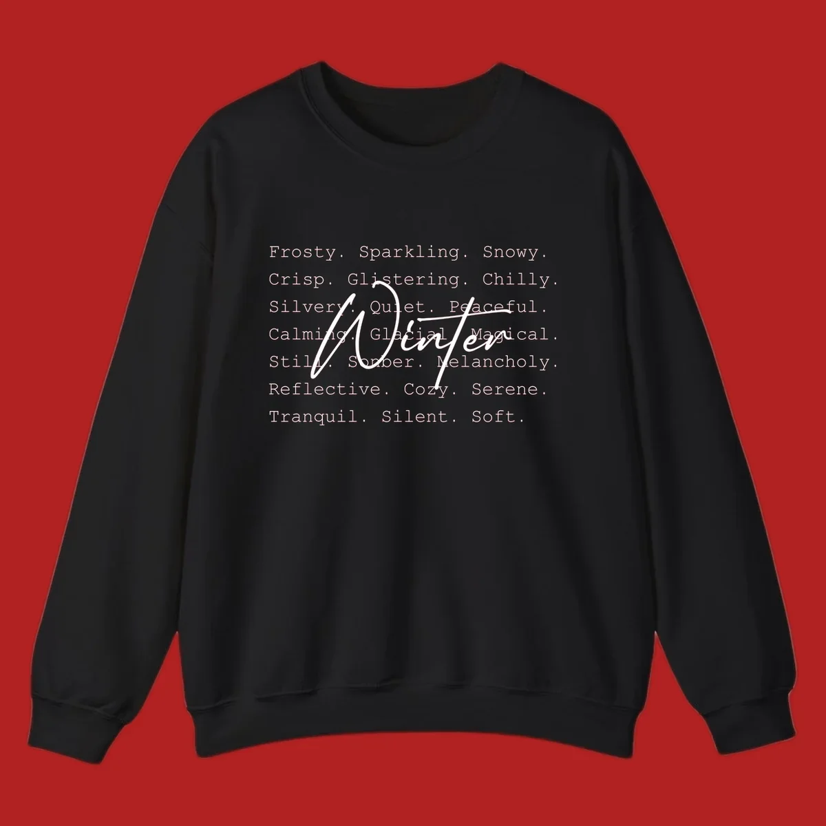 Winter words design with 'Winter' in script, surrounded by descriptive winter words.