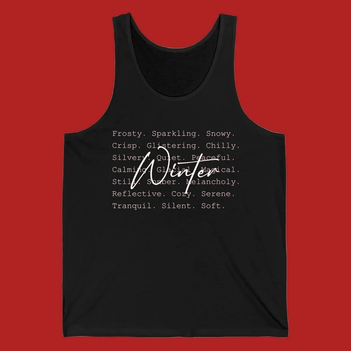 Winter words design with 'Winter' in script, surrounded by descriptive winter words.