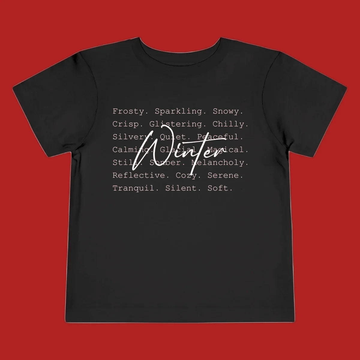 Winter words design with 'Winter' in script, surrounded by descriptive winter words.