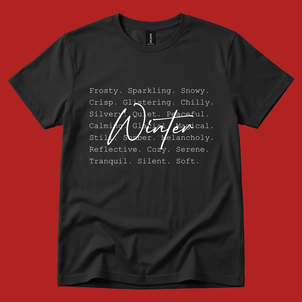 Winter words design with 'Winter' in script, surrounded by descriptive winter words.