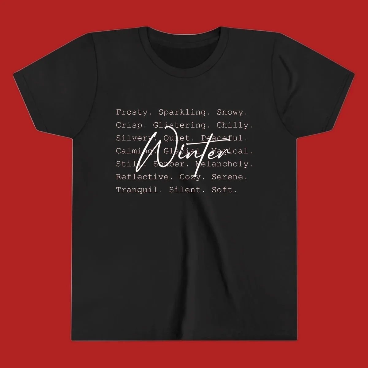 Winter words design with 'Winter' in script, surrounded by descriptive winter words.