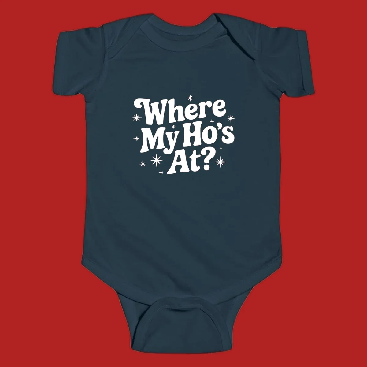 Retro typography design with "Where My Ho's At?" and starbursts.