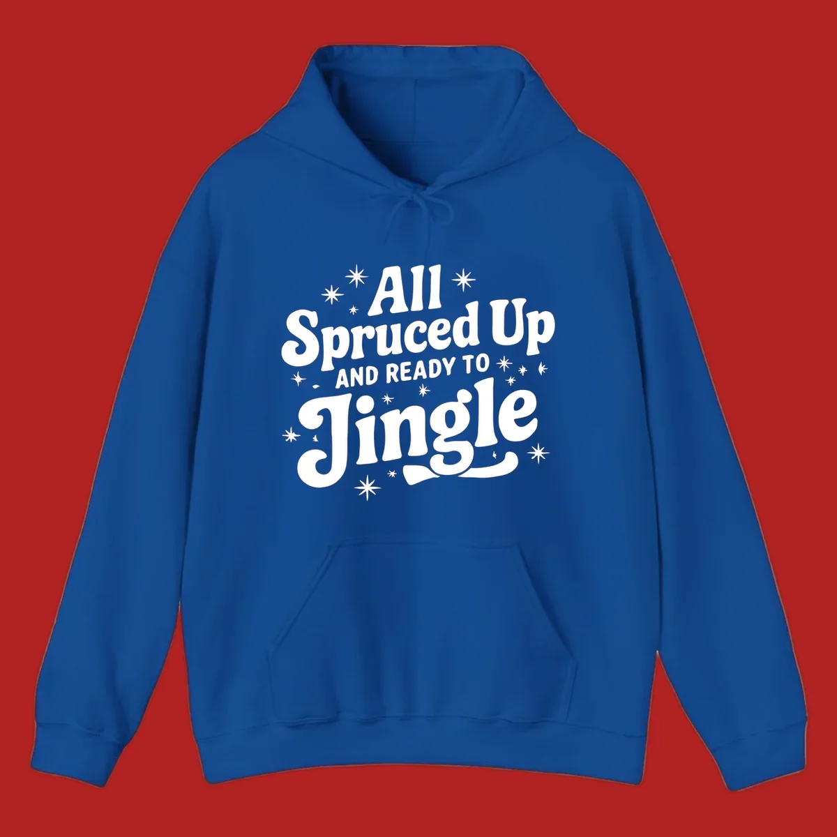 Retro holiday text design: All Spruced Up AND READY TO Jingle with stars.