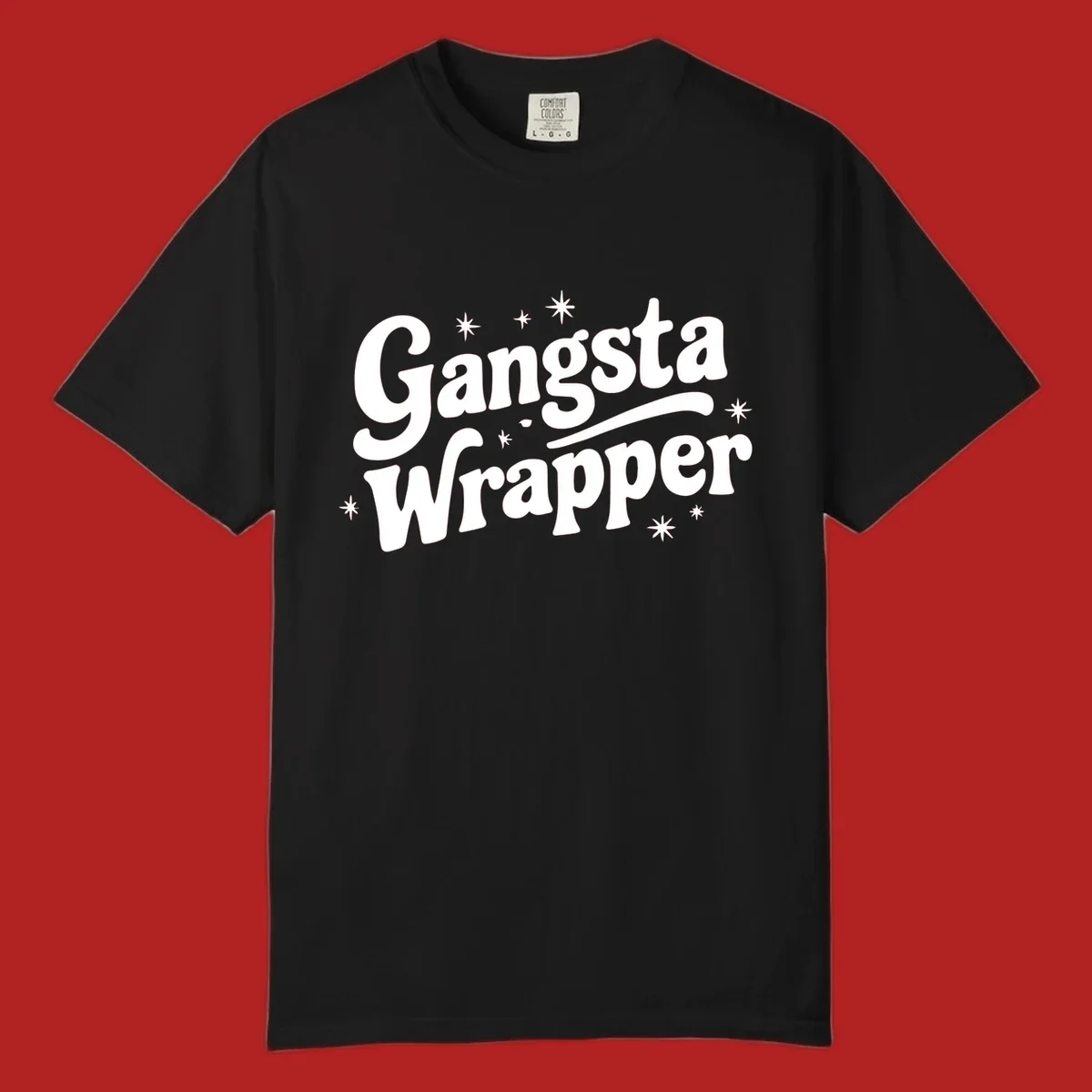 Gangsta Wrapper text design with stars, white on black and black on white variants.