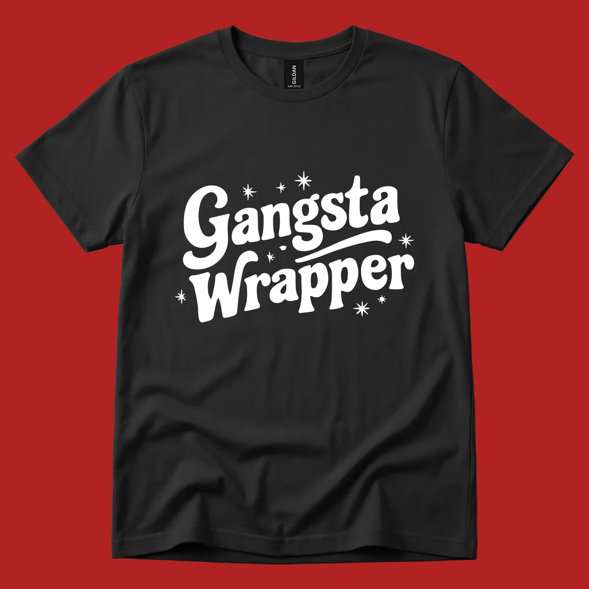 Gangsta Wrapper text design with stars, white on black and black on white variants.