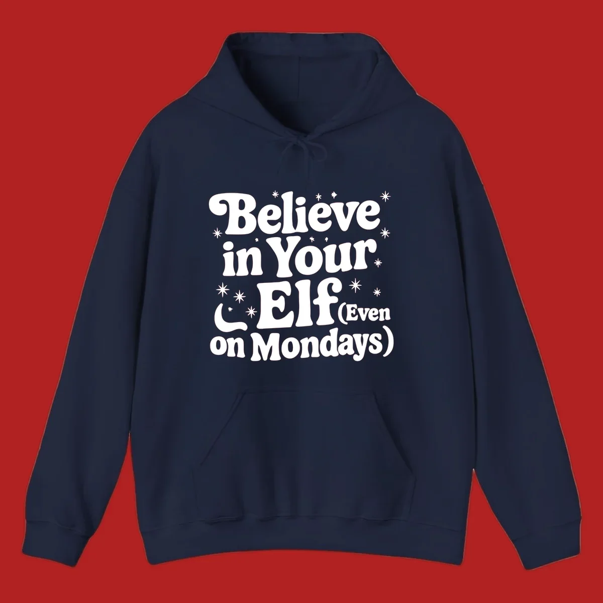 Believe in Your Elf text with stars and sparkles, retro font.
