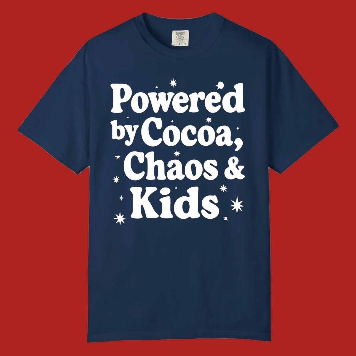 Powered by Cocoa Chaos And Kids retro text with stars graphic.