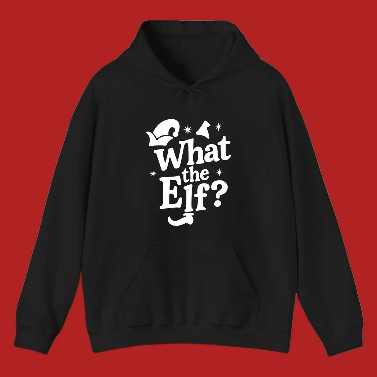 What The Elf holiday phrase design with elf hat and stars.